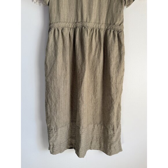 100% Linen Pinstripe Green Puff Sleeve Gathered Midi Shirtdress Coastal Beachy S - Picture 4 of 9